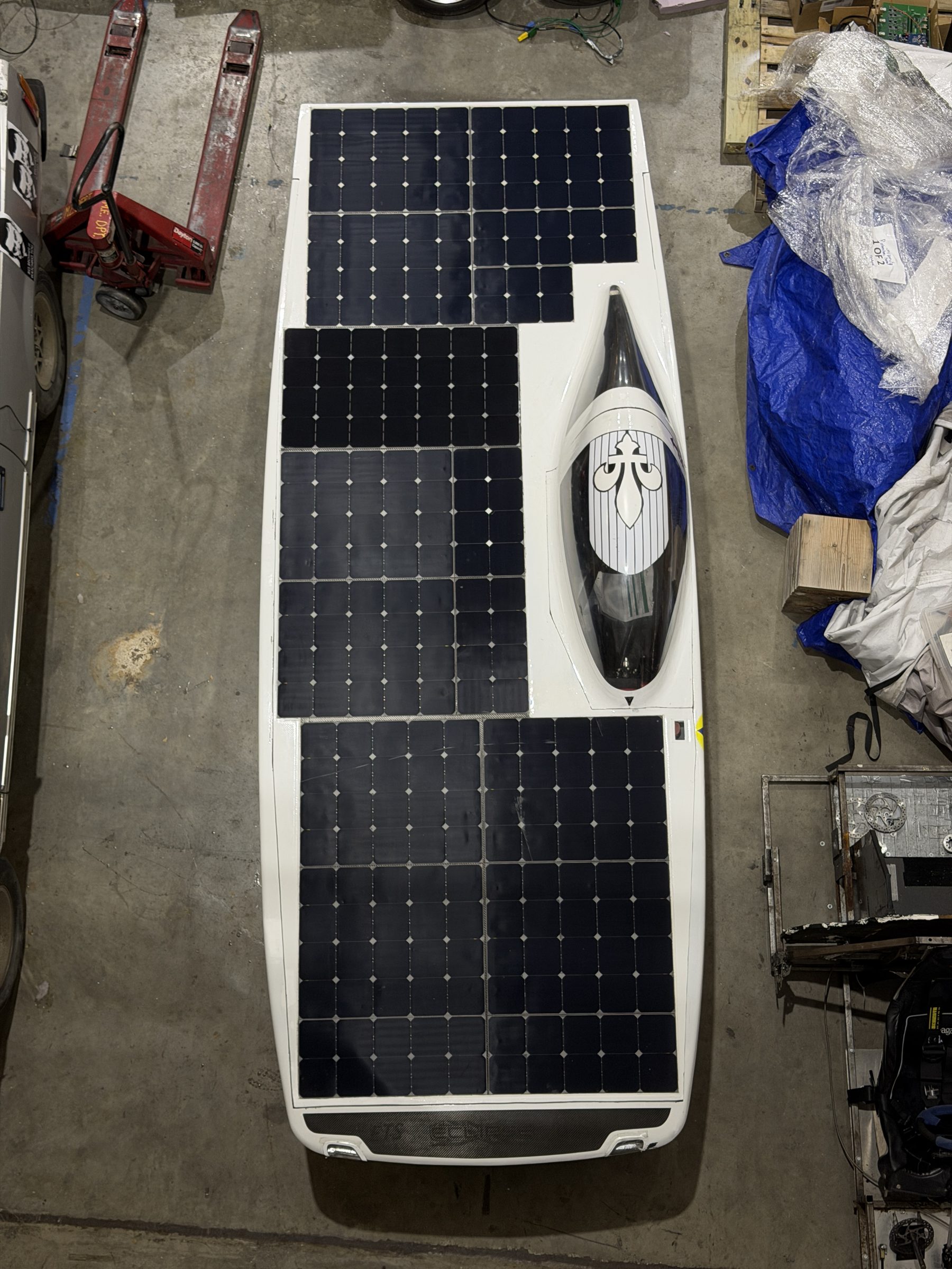 Overhead view of the solar panel array on top of the Carrera solar car