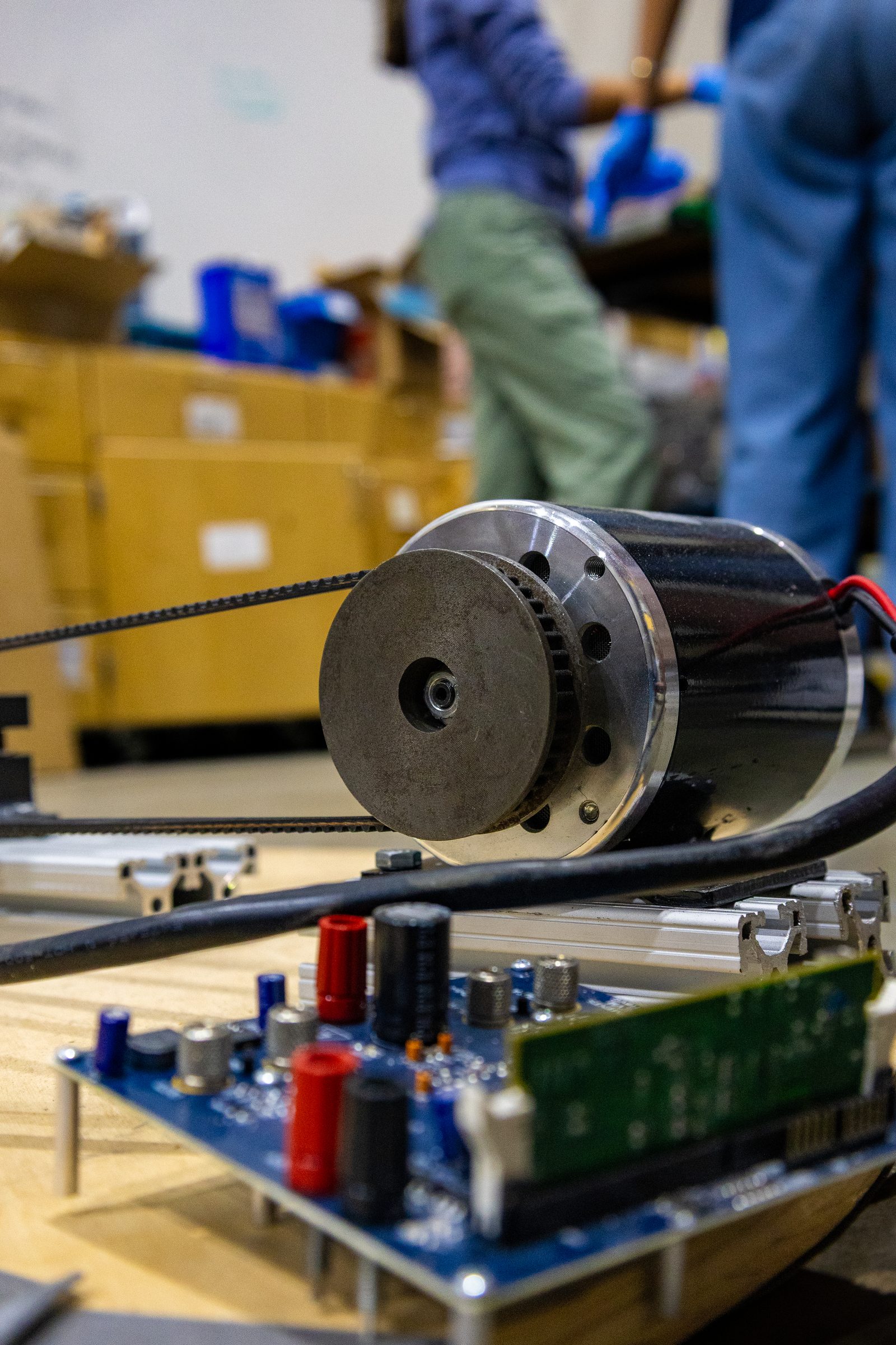 Close-up of the drive motor and its controller board during assembly
